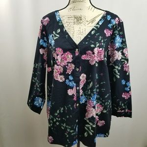 Floral Button-Up Blouse - Black with Pink and Blue Flowers 1X